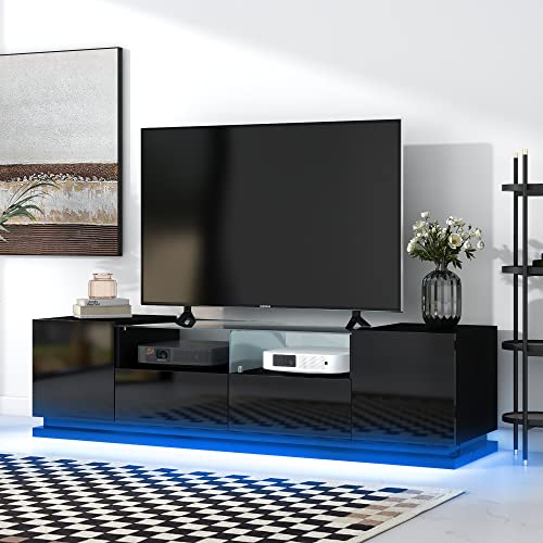 Merax TV Schrank, LED TV Lowboard mit Glasböden, Moderner Fernsehtisch mit Zwei Schubladen und Zwei Türen, TV Tischfür Wohnzimmer und Esszimmer, Schwarz, 165 x 38 x 43 cm von Merax