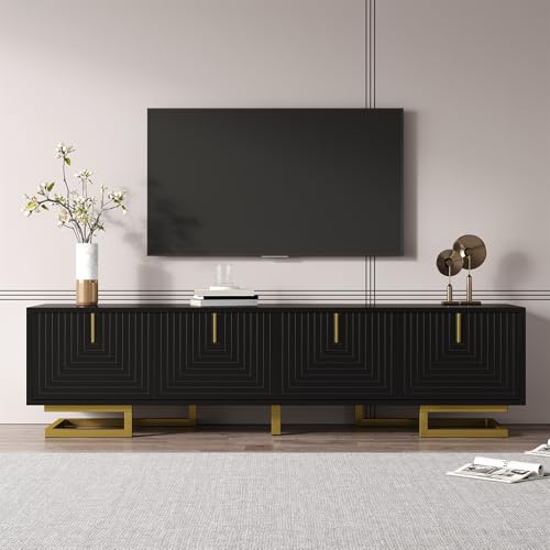 Merax TV-Schrank 160 cm – Lowboard TV-Möbel mit strukturierten Türen, 4 Türen, goldene Griffe & goldene Beine, verstellbare Füße,modernes Design - Schwarz Merax TV-Schrank 160 cm – Lowboard TV-Möbel mit strukturierten Türen, 4 Türen, goldene Griffe & goldene Beine, verstellbare Füße,modernes Design - Schwarz von Merax