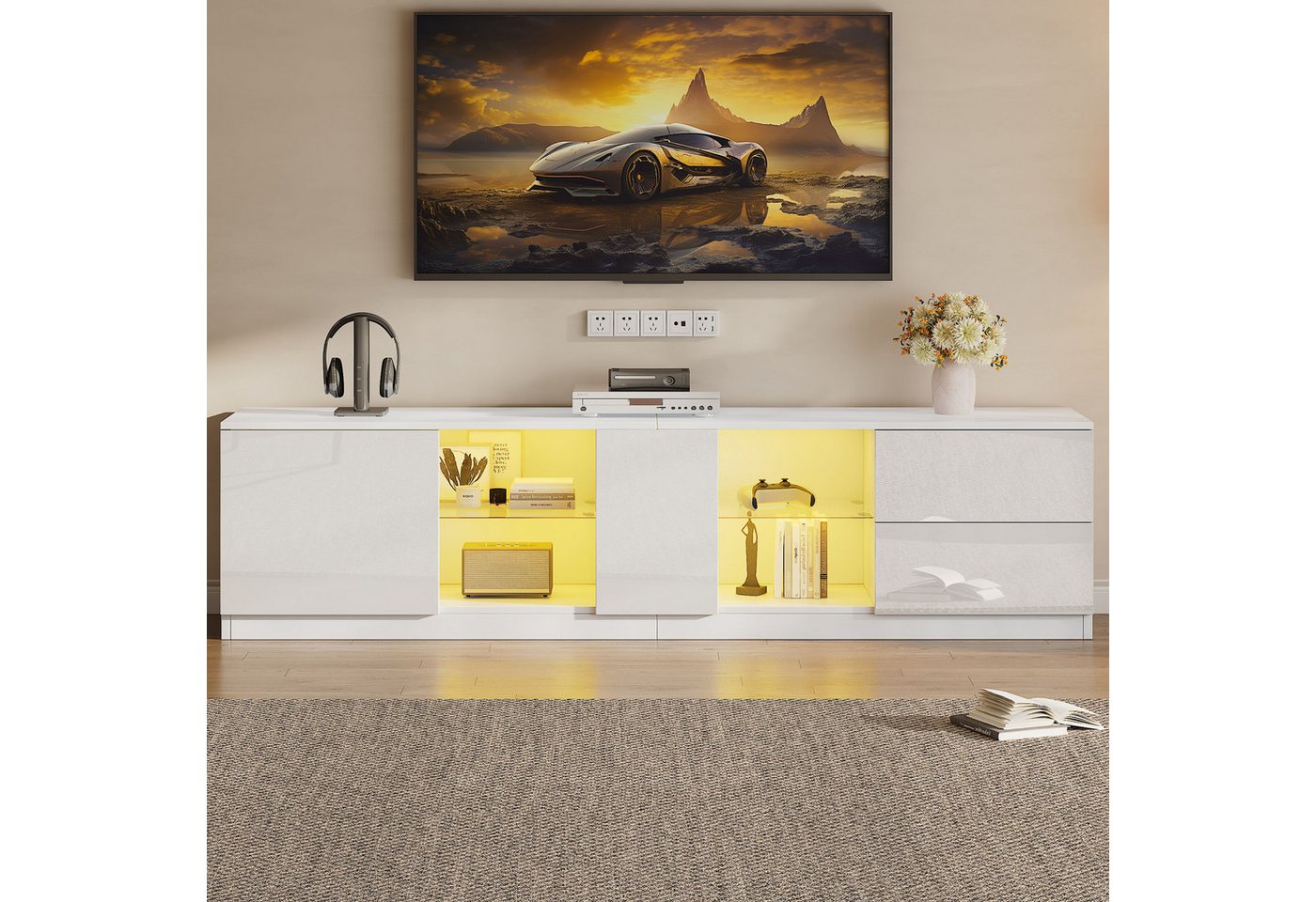 Merax TV-Schrank hochglanz TV-Schrank mit LED-Beleuchtung (1-St) Fernsehschrank Fernsehtisch mit 2 Schubladen & Glaselementen,B: 160cm von Merax