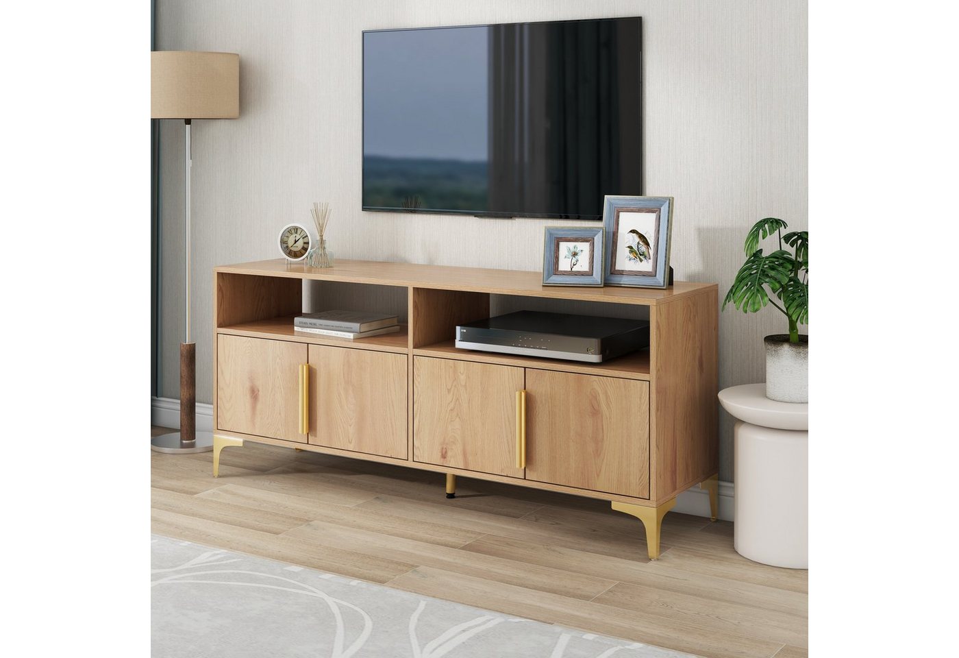 Merax TV-Schrank im Landhausstil mit großen Stauraum Lowboard mit goldenen Metallfüße, Sideboard, Breite: 147cm von Merax