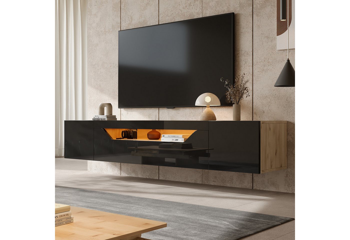 Merax TV-Schrank mit Hochglanzfront in Schwarz & Holzoptik (1-St., 180*37*36cm) Fernsehschrank mit LED, 3 Staufächer & Klapptür,Hängeboard TV-Lowboard von Merax