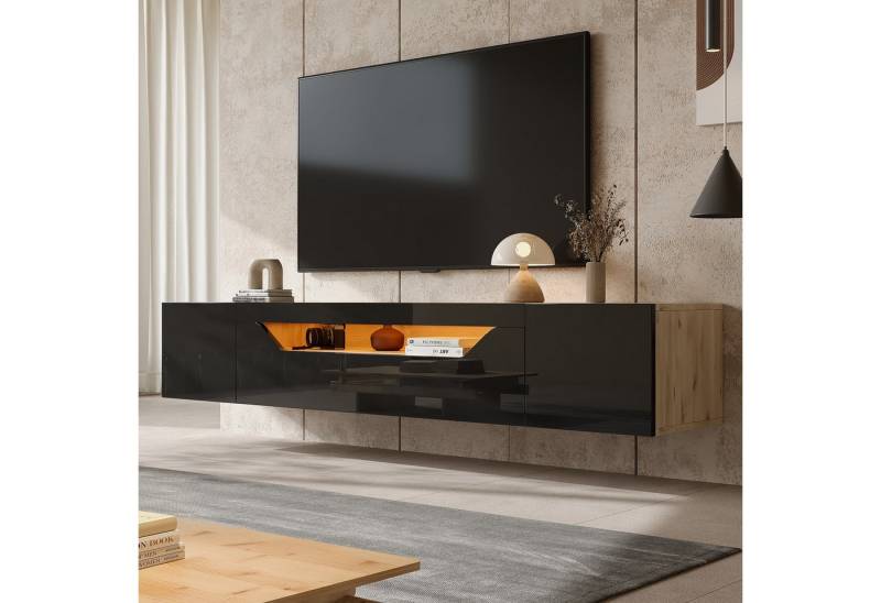 Merax TV-Schrank mit Hochglanzfront in Schwarz & Holzoptik (1-St., 180*37*36cm) Fernsehschrank mit LED, 3 Staufächer & Klapptür,Hängeboard TV-Lowboard von Merax