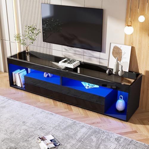 Merax TV Schrank mit LED-Beleuchtung, Stilvoll Fernsehschrank TV Lowboard Hochglanz Schwarz für 70 Zoll Fernseher, TV Ständer mit 2 Schubladen, Glastischplatten, TV Möbel für Wohnzimmer Schlafzimmer von Merax