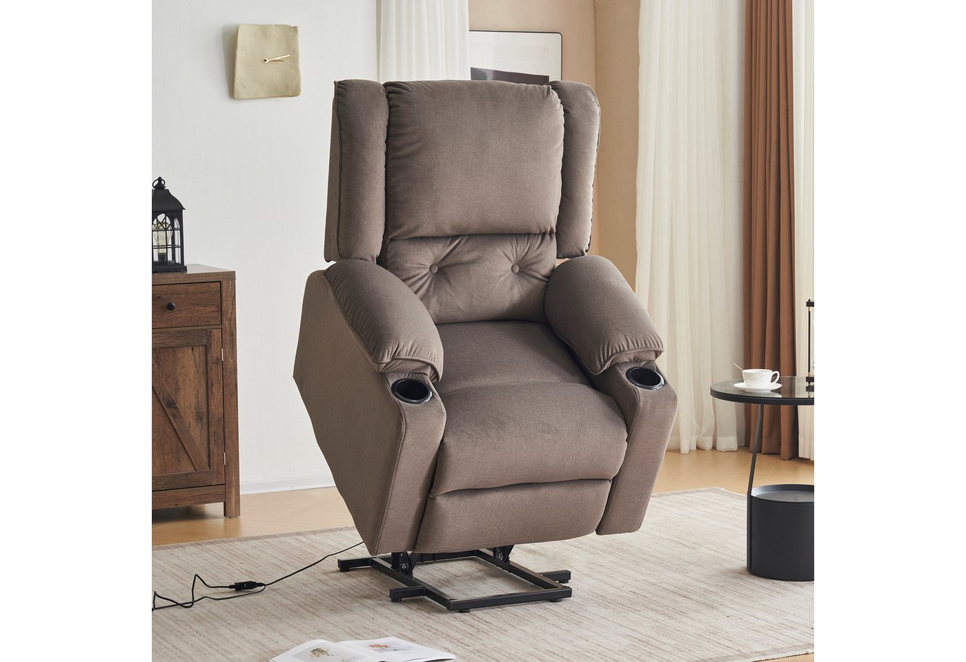 Merax TV-Sessel elektrisch mit Seitentasche und Getränkehalter, Relaxsessel, Fernsehsessel mit Aufstehhilfe, Massagesessel, Wärme und Liegefunktion von Merax