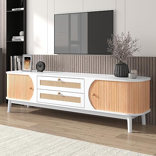 Merax TV Ständer, Lowboard TV Board mit 2 Schubladen und 2 Schiebetüren aus Massivholz, TV-Schrank mit Rattan, Landhausstil Sideboard, Fernsehschrank für Wohnzimmer Esszimmer, 170cm, Natur & Weiß von Merax