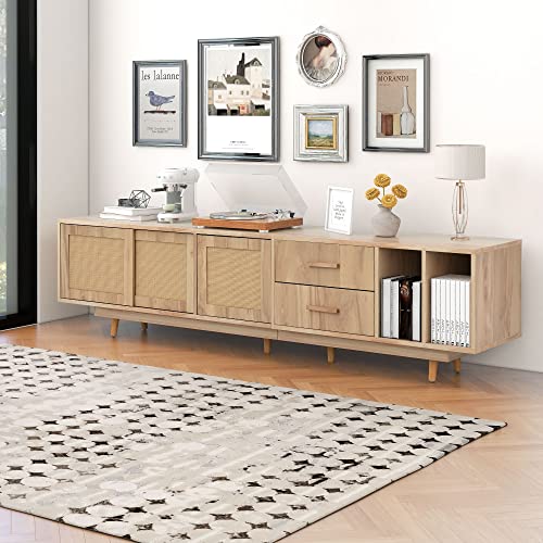 Merax TV Ständer, Rattan Lowboard für 80-Zoll-Fernseher, TV Schrank mit 4 Schließfach und 2 offenes Regal, Rustikaler Sideboard, Fernsehschrank für Wohnzimmer Esszimmer, Natur Oak, 190 x 40 x 52 cm von Merax