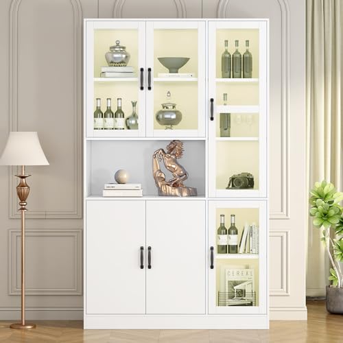 Merax Vitrine mit LED-Lichtern, Modern Standvitrine mit 4 Glastür und 1 Schließfach, Glasvitrine Highboard mit viel Stauraum, Aufbewahrungsschrank Bücherschrank für Wohnzimmer Büro Esszimmer, Weiß von Merax