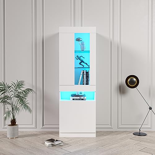 Merax Vitrine mit LED-Lichtern, Vitrinenschrank Glasvitrine mit viel Stauraum, Modern Aufbewahrungsschrank Bücherschrank Standvitrine Wohnwände für Wohnzimmer Büro Esszimmer, Weiß, 50 x 40 x 180 cm von Merax