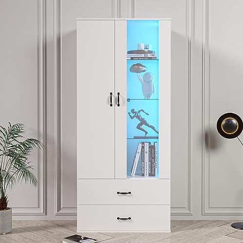 Merax Vitrine mit LED-Lichtern, Vitrinenschrank Glasvitrine mit viel Stauraum, Modern Aufbewahrungsschrank Bücherschrank Standvitrine Wohnwände für Wohnzimmer Büro Esszimmer, Weiß, 59,5 x 35 x 182 cm von Merax