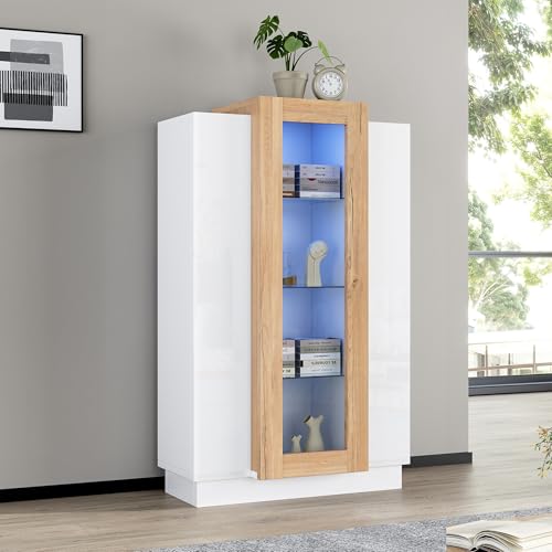 Merax Vitrinenschrank 120cm, Transparente Vitrine Hochglanz mit LED, Bücherschrank mit 3 Türen & 3 Glasablagen, Hochschränk Sammlervitrine Standvitrine für Wohnzimmer Schlafzimmer Büro, Weiß&Holzfarbe von Merax