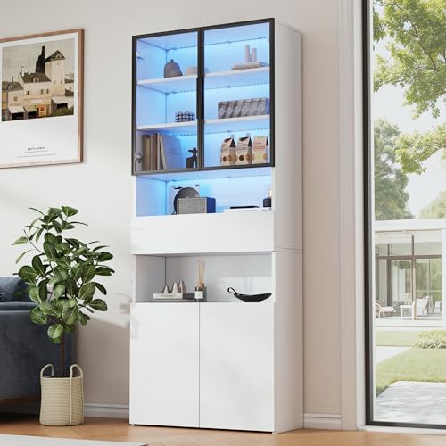 Merax Vitrinenschrank Glasvitrine mit LED, Modern Bücherschrank Standvitrine mit 4 Türen, 1 Schubladen, Offene Fächer, Glastür mit Aluminiumrahmen, Highboard Sammlervitrine für Wohnzimmer Büro, Weiß Merax Vitrinenschrank Glasvitrine mit LED, Modern Bücherschrank Standvitrine mit 4 Türen, 1 Schubladen, Offene Fächer, Glastür mit Aluminiumrahmen, Highboard Sammlervitrine für Wohnzimmer Büro, Weiß von Merax