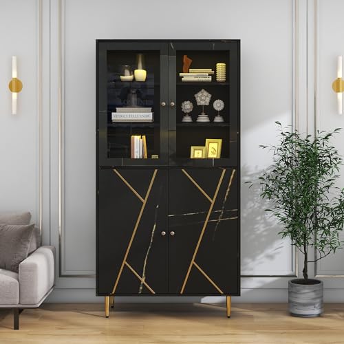 Merax Vitrinenschrank Hochschrank, Bücherschrank mit Glasfenster und LED-Innenbeleuchtung, 4 Türen 7 Fächern, Modern Standvitrine Aktenschrank für Wohnzimmer Küche Esszimmer Büro, 93*40*180cm, Schwarz von Merax