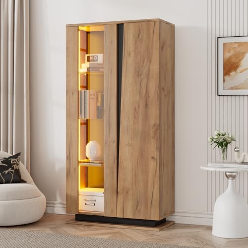 Merax Vitrinenschrank Transparente Vitrine mit LED, Moderner Doppeltüren Hochschrank mit Verstellbare Glasböden, Sammlervitrine Bücherregal Standvitrine für Wohnzimmer Büro, 160cm, Holzfarbe & Schwarz von Merax