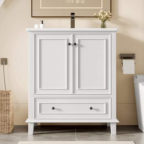 Merax Waschbecken mit Unterschrank Badmöbel-Set Badezimmerschrank mit Waschbecken, Massivholzbeine, Feuchtigkeits- & Wasserdicht, Integriertes Keramikbecken,weiß, 76x46x87 cm von Merax