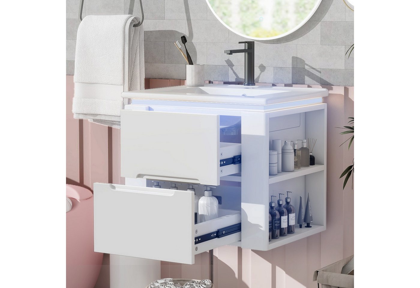 Merax Waschtisch mit LED-Radarsensorbeleuchtung & doppelseitigen Ablagen (Badschrank Badmöbel, 1-St., 61x46x48.5cm), Hängender Badezimmerschrank mit Waschbecken, Badezimmerschrank von Merax