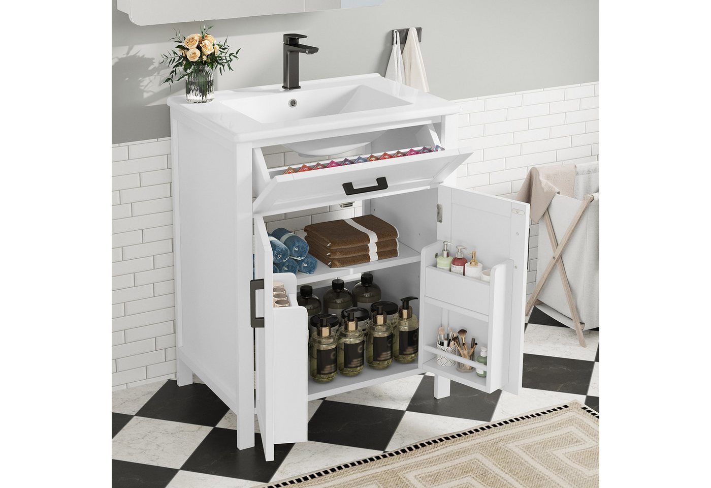 Merax Waschtisch mit umsetzbaren Schubladen, verstellbaren Einlegeböden & Doppeltüren (Badschrank Badezimmerschrank, 1-St., 60 x 46 x 84,8cm), Waschbeckenunterschrank mit Waschbecken, stehend Badmöbel von Merax