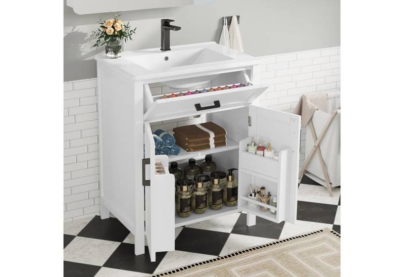 Merax Waschtisch mit umsetzbaren Schubladen, verstellbaren Einlegeböden & Doppeltüren (Badschrank Badezimmerschrank, 1-St., 60 x 46 x 84,8cm), Waschbeckenunterschrank mit Waschbecken, stehend Badmöbel von Merax
