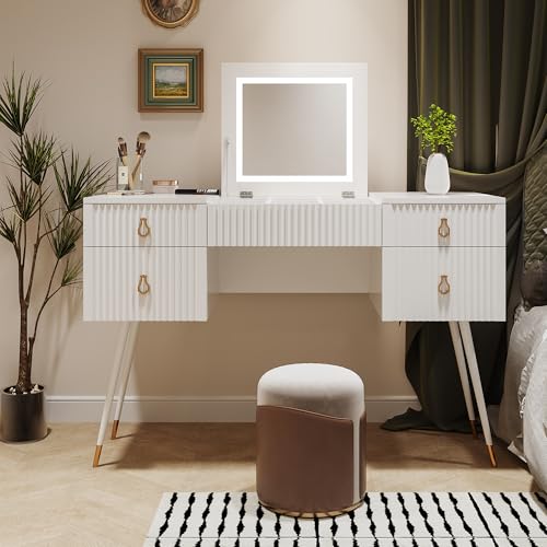 Merax Weißer Schminktisch mit LED Beleuchtung, Vanity mit Spiegel, Dressing Table mit 4 Schubladen, luxuriösem vergoldetem Zubehör und Mehreren Stauräumen, Weiß(Ohne Stühle) von Merax