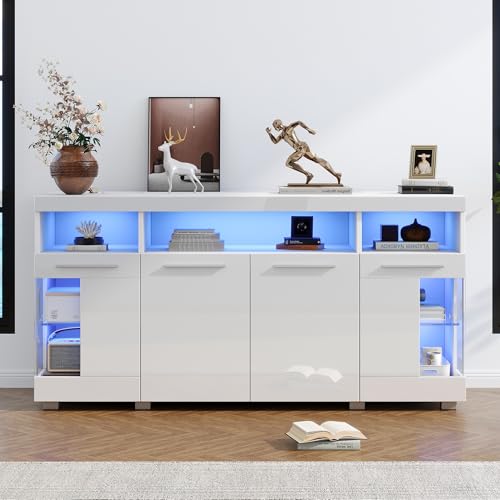 Merax Weißes Hochglanz-Sideboard mit LED-Beleuchtung, 140x40x70 cm, Beistelltisch mit gehärtetem Glas, 3 Fächern und großem Stauraum, Wohnzimmer Sideboard von Merax