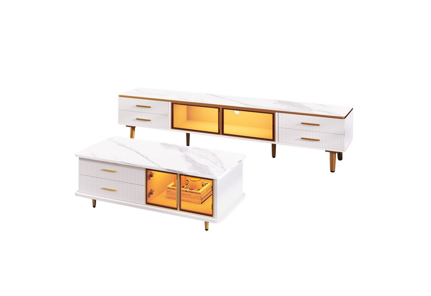 Merax Wohnwand, (2-St., Couchtisch und Lowboard mit LED-Beleuchtung), Wohnmöbel Set mit Glastüren und Schubladen, Wohnzimmerset von Merax