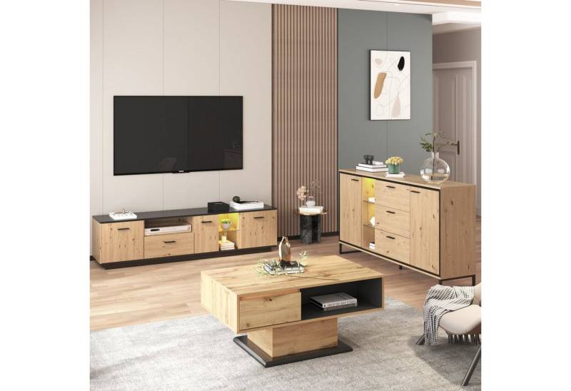 Merax Wohnwand, (3-St., Couchtisch mit Schublade, Lowboard und Sideboard mit LED-Beleuchtung), Wohnmöbel Set in Wildeiche Optik, Wohnzimmerset mit Holzmaserung von Merax