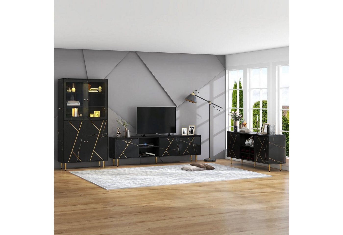 Merax Wohnwand, (3-St., Vitrine mit LED, Couchtisch, Sideboard), Wohnmöbel Set in Schwarz, Wohnzimmerset mit Metallbeine von Merax