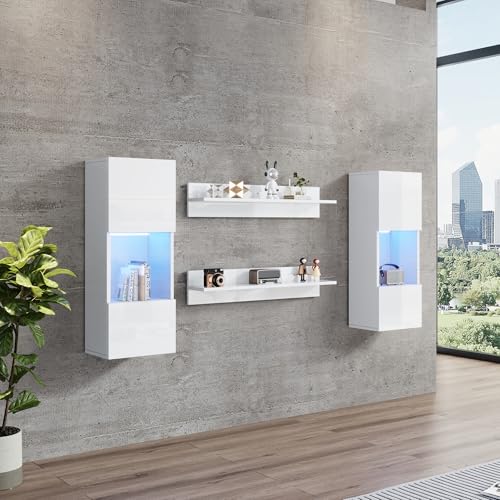 Merax Wohnwand 4-Teilig Set, Wohnwand Komplett-Set in Weiß Hochglanz, LED-Wandschrank und 2 Regale, Vitrinen aus gehärtetem Glas, Moderne Anbauwand Schrankwand mit viel Stauraum für Ihr Wohnzimmer von Merax