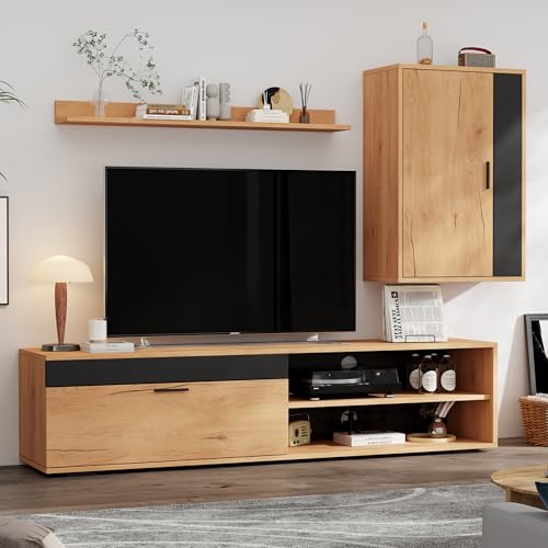 Merax Wohnwand Wohnzimmer 3-Teilig Set, Wohnzimmer Möbel Set, TV Lowboard, Wandregal, Wandschrank, Hängend oder Stehend, Wohnzimmermöbel Komplett, Elegante Schrankwand, Mediawand, Holzfarbe & Schwarz Merax Wohnwand Wohnzimmer 3-Teilig Set, Wohnzimmer Möbel Set, TV Lowboard, Wandregal, Wandschrank, Hängend oder Stehend, Wohnzimmermöbel Komplett, Elegante Schrankwand, Mediawand, Holzfarbe & Schwarz von Merax