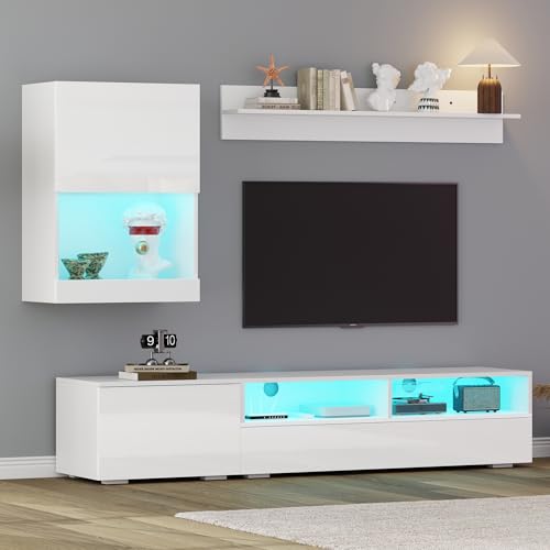 Merax Wohnwand Wohnzimmer 3-Teilig Set, Wohnzimmer Möbel Set Hochglanz mit LED, TV Lowboard, Wandregal, Vitrine Hängend oder Stehend, Wohnzimmermöbel Komplett, Elegante Schrankwand, Mediawand, Weiß von Merax