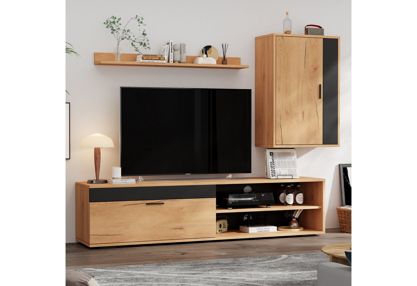 Merax Wohnwand in Holzfarbe, (3-St), 3-teiliges TV-Wohnwand-Set mit V-Schrank, Wandschrank und Wandregal von Merax