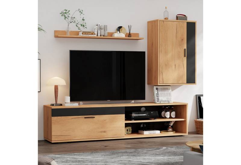 Merax Wohnwand in Holzfarbe, (3-St), 3-teiliges TV-Wohnwand-Set mit V-Schrank, Wandschrank und Wandregal von Merax