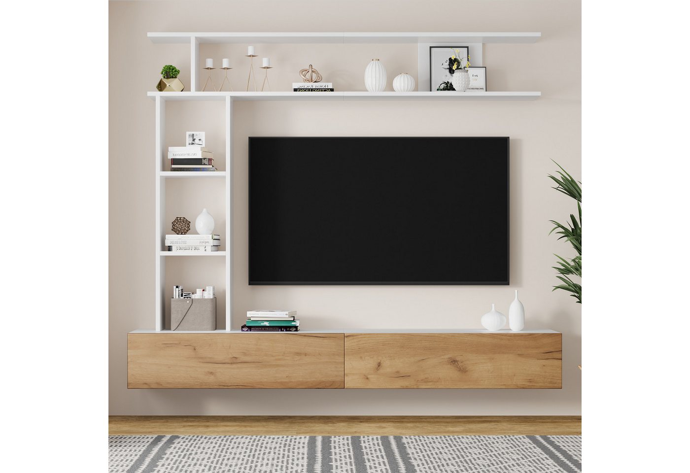 Merax Wohnwand in Weiß & Holz, (3-St), Wohnwand-Set mit TV-Board, Wandregal & Standregal, Mediawand von Merax