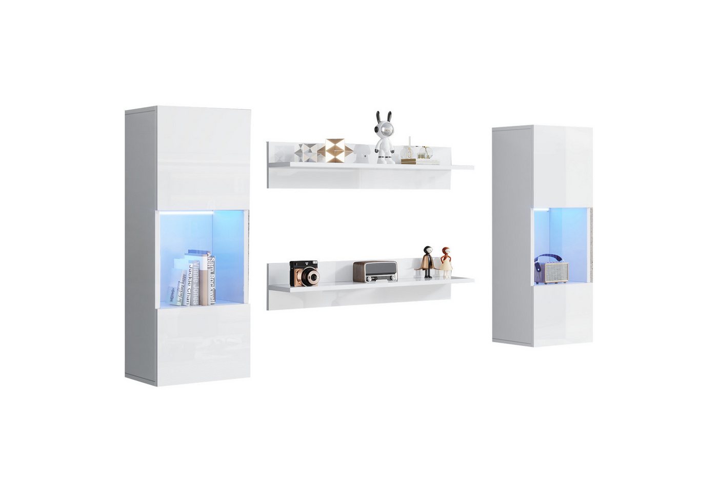 Merax Wohnwand mit LED und Vitrinen, App-gesteuert, (Komplett-Set, 4-St., Wandregal-Set), Wandregal-Set mit 2 Ablageflächen, Hochglanz-Wandschrank mit Glastüren von Merax