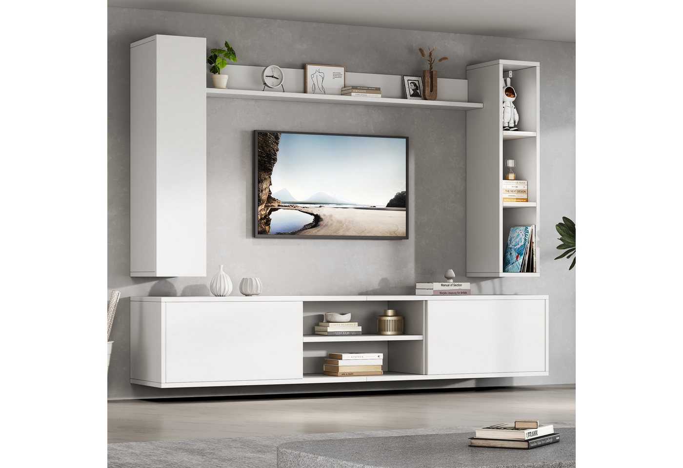 Merax Wohnwand mit Vitrine und TV-Schrank, (4-St), 2 Wandschränke & Wandregal, flexibles Design, stehend & hängend von Merax