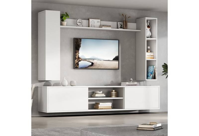 Merax Wohnwand mit Vitrine und TV-Schrank, (4-St), 2 Wandschränke & Wandregal, flexibles Design, stehend & hängend von Merax