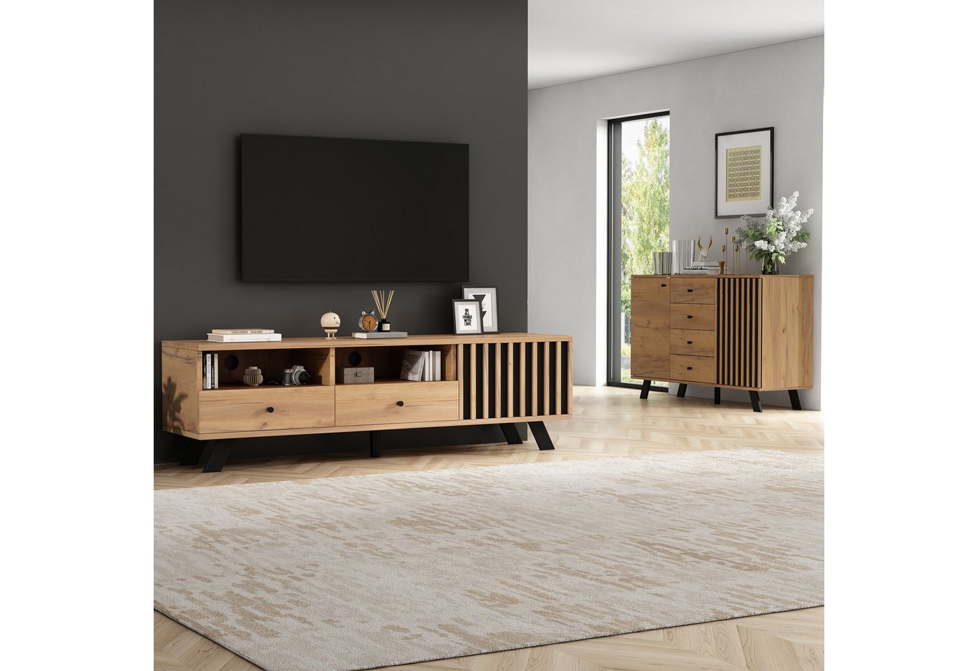 Merax Wohnzimmer-Set, (2-St), Möbel-Set mit Sideboard 120 cm und TV-Schrank 150cm von Merax