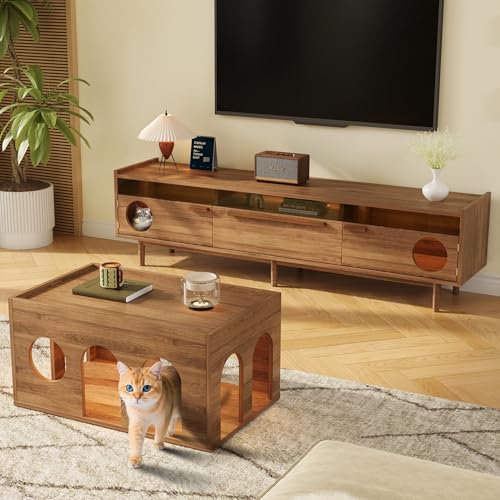 Merax Wohnzimmermöbel-Set, TV Schrank Lowboard 180cm mit LED, Fernsehschrank mit Katzenruheraum und Stauraum, Couchtisch mit Katzenlöchern, Haustierfreundliche Möbel, für Wohnzimmer, Nussbaumfarben von Merax