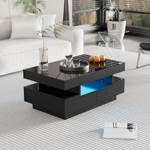 Merax Wohnzimmertisch, LED Couchtisch mit Stauraum, Hochglanz Kaffeetisch Wohnzimmer mit Vier Schubladen, Modern Coffee Table, 80 x 50 x 36 cm, Schwarz von Merax