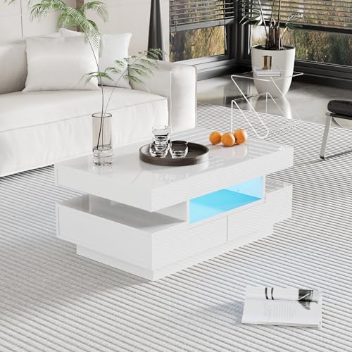 Merax Wohnzimmertisch, LED Couchtisch mit Stauraum, Hochglanz Kaffeetisch Wohnzimmer mit Vier Schubladen, Modern Coffee Table, 80 x 50 x 36 cm, Weiß von Merax