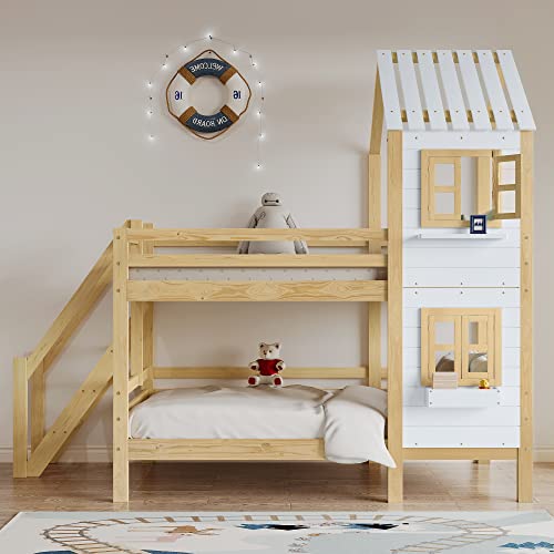 Merax loft Bed 90x200cm, bunk Bed House Bed with Stairs, handrail and Window, cot with Fall Protection, Youth Bed with roof and small Shelf, 2 slatted Frames, for 2 Children, White+Natural von Merax