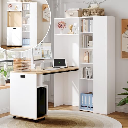 Merax klappbarer Schreibtisch mit Regal, 2 in 1 Bücherregal und Arbeitstisch mit Steckdose und USB, höhenverstellbare Ablagen, platzsparender Eck Schreibtisch mit Kippschutz, einfache Montage, Weiß Merax klappbarer Schreibtisch mit Regal, 2 in 1 Bücherregal und Arbeitstisch mit Steckdose und USB, höhenverstellbare Ablagen, platzsparender Eck Schreibtisch mit Kippschutz, einfache Montage, Weiß von Merax