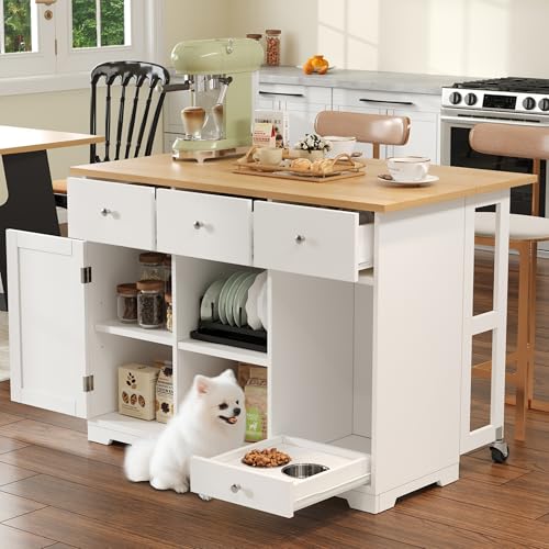 Merax mobiler Kücheninsel mit klappbarer Arbeitsplatte,Küchenschrank auf Rollen,mit 3 Schublade&1 Schrank&2-lagiger Lagerung,Haustierbereich mit 2 Edelstahl-Fressnäpfe,120 * 70 * 90cm/Weiß+Eiche Merax mobiler Kücheninsel mit klappbarer Arbeitsplatte,Küchenschrank auf Rollen,mit 3 Schublade&1 Schrank&2-lagiger Lagerung,Haustierbereich mit 2 Edelstahl-Fressnäpfe,120 * 70 * 90cm/Weiß+Eiche von Merax