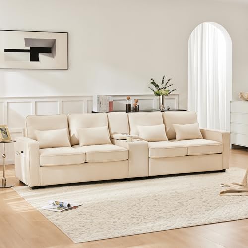 Modernes 4-Sitzer Sofa mit Konsole, Getränkehaltern, USB-Anschlüssen & Stauraum – Leinen-Sofa mit Armlehnentaschen & Kissen für Wohnzimmer, Wohnung & Büro von Merax
