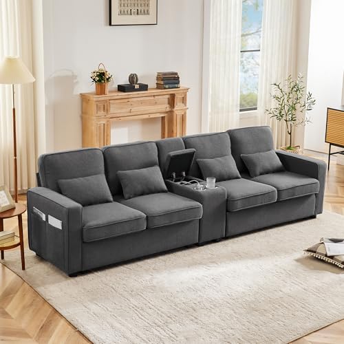 Modernes 4-Sitzer Sofa mit Konsole, Getränkehaltern, USB-Anschlüssen & Stauraum – Leinen-Sofa mit Armlehnentaschen & Kissen für Wohnzimmer, Wohnung & Büro Modernes 4-Sitzer Sofa mit Konsole, Getränkehaltern, USB-Anschlüssen & Stauraum – Leinen-Sofa mit Armlehnentaschen & Kissen für Wohnzimmer, Wohnung & Büro von Merax