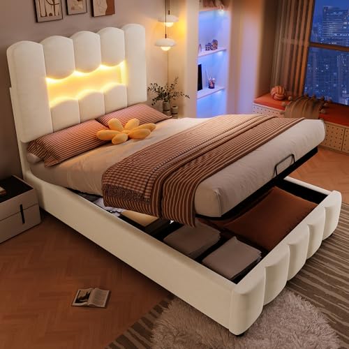 Modernes Polsterbett mit LED-Beleuchtung & großem Stauraum – Verstellbares Kopfteil, Stoff gepolstert, Komfortbett für Schlafzimmer von Merax