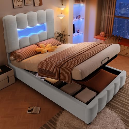 Modernes Polsterbett mit LED-Beleuchtung & großem Stauraum – Verstellbares Kopfteil, Stoff gepolstert, Komfortbett für Schlafzimmer von Merax