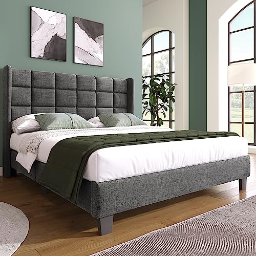 Polsterbetten 140x200 mit Lattenrost Rückenlehne，Hautfreundliche Leinenmaterial, Grau, Bett Einzelbett Jugendbett(Ohne Matratze) von Merax