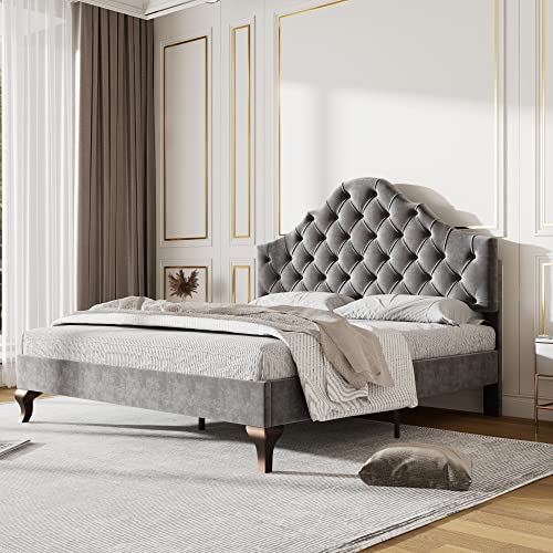 Polsterbett 90x200 mit höhenverstellbarem Kopfteil, inkl. Lattenrost, für Erwachsene und Jugendliche, Bettgestell aus Holz, einfacher Aufbau, Samt, grau ohne Matratze von Merax