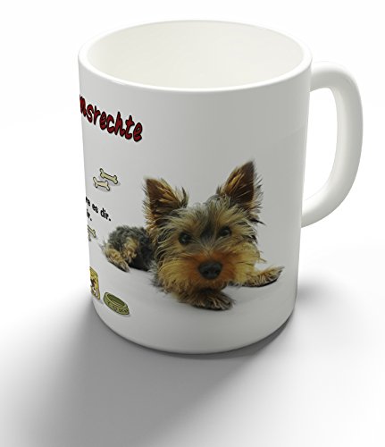Becher/Tasse/Kaffeebecher/Kaffeepott aus Keramik - 300ml Motiv: Yorkshire Terrier liegendmit Spruch Eigentumsrechte (74) von Merchandise for Fans