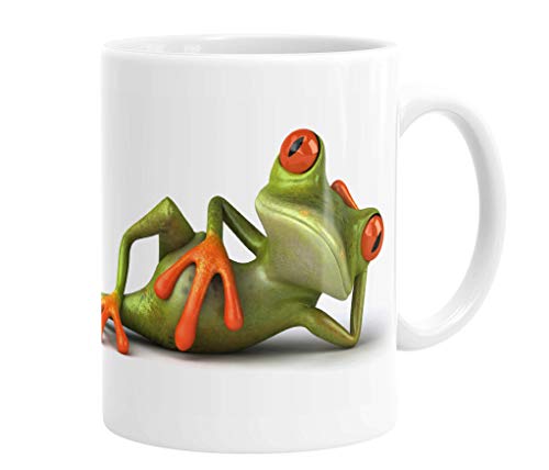 Merchandise for Fans Becher aus Keramik - 330 ml Motiv: 3D-Frosch liegt entspannt am Boden (03) von Merchandise for Fans